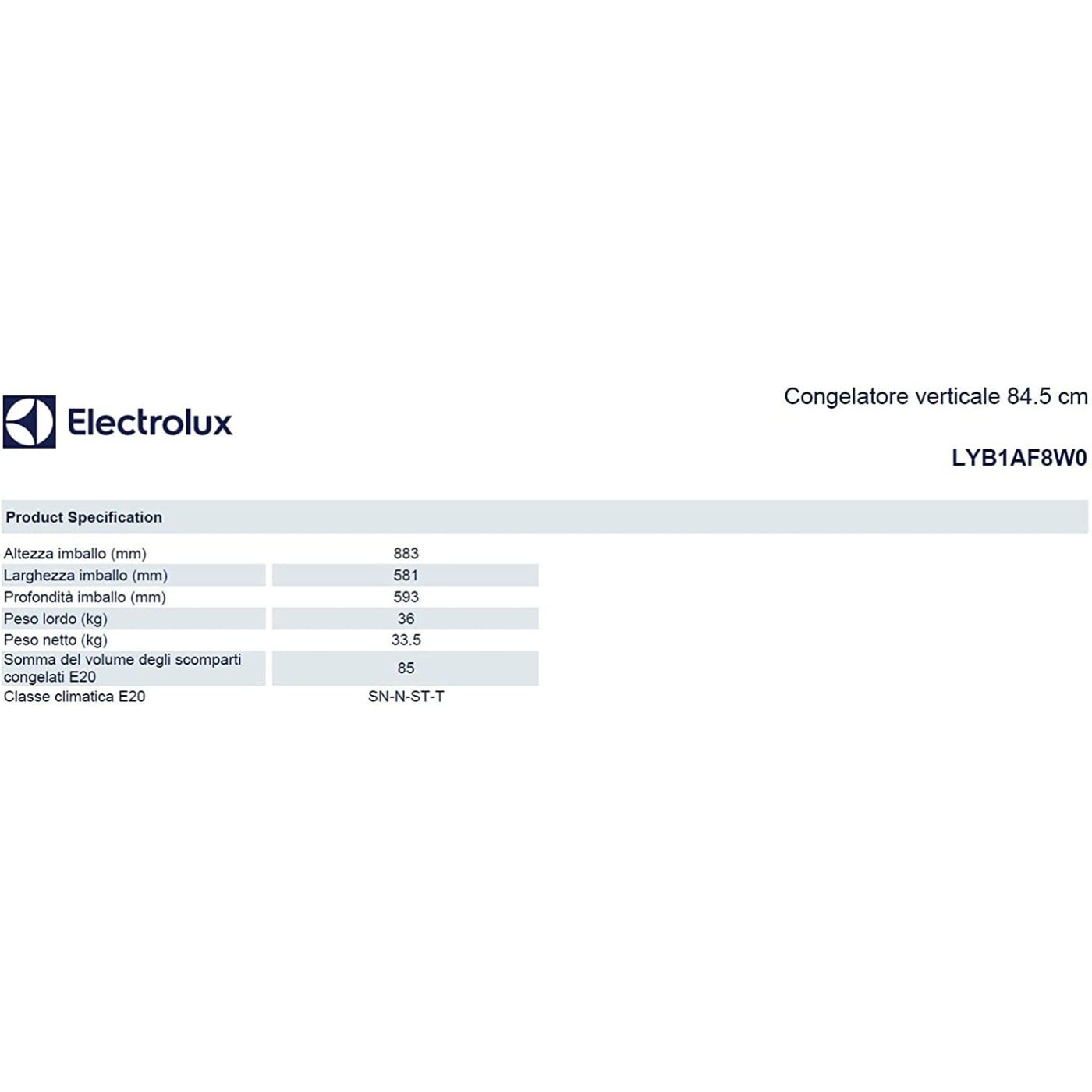 CONGELATORE ELECTROLUX LYB1AF8W0
