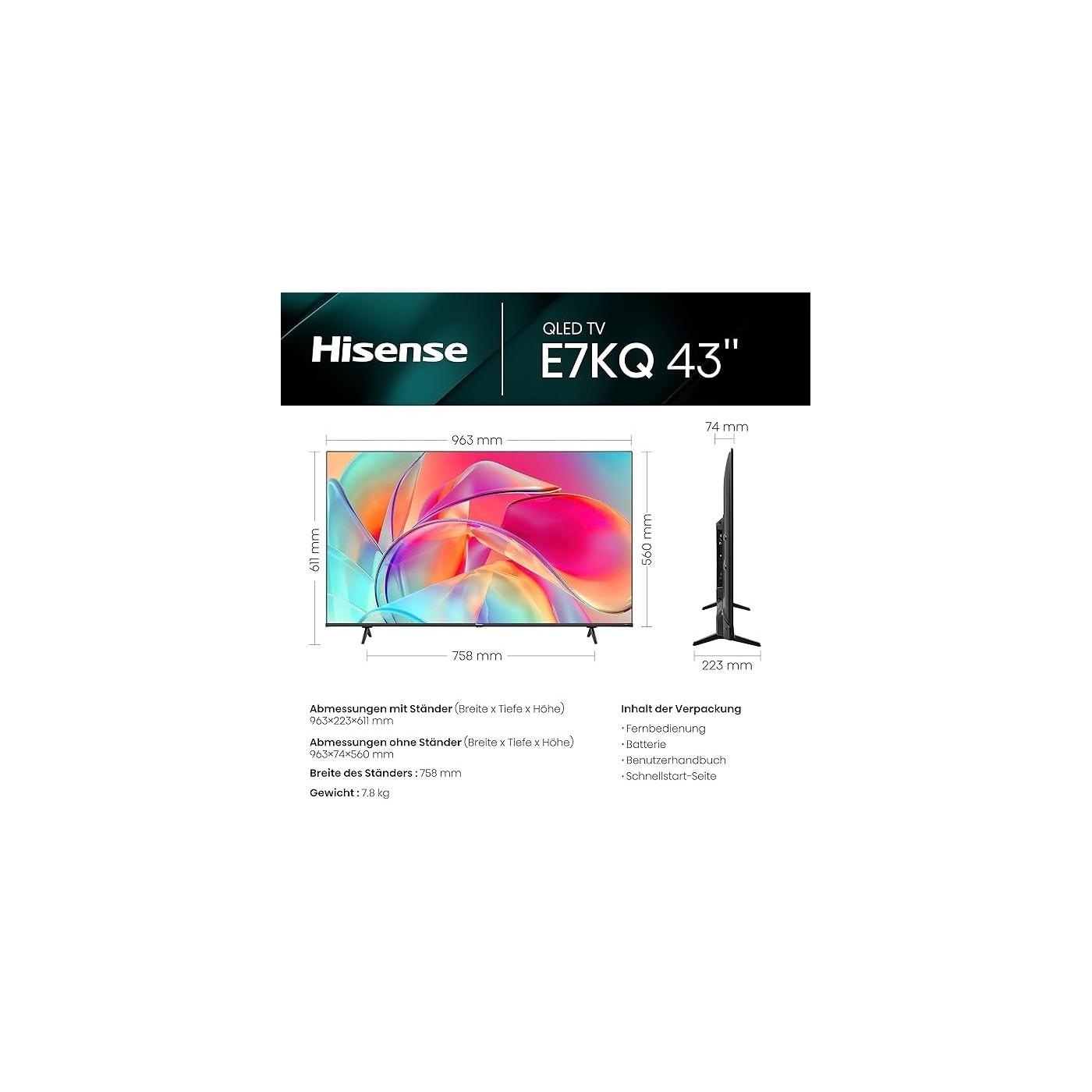 SMART TV HISENSE 43'' QLED 43E7KQ CLASSE G