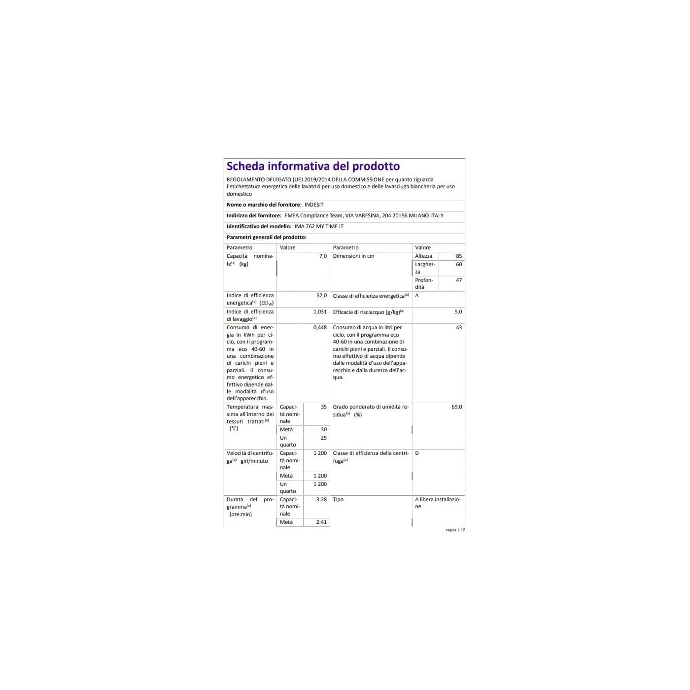 LAVATRICE INDESIT 7 KG IMA762 MY TIME IT