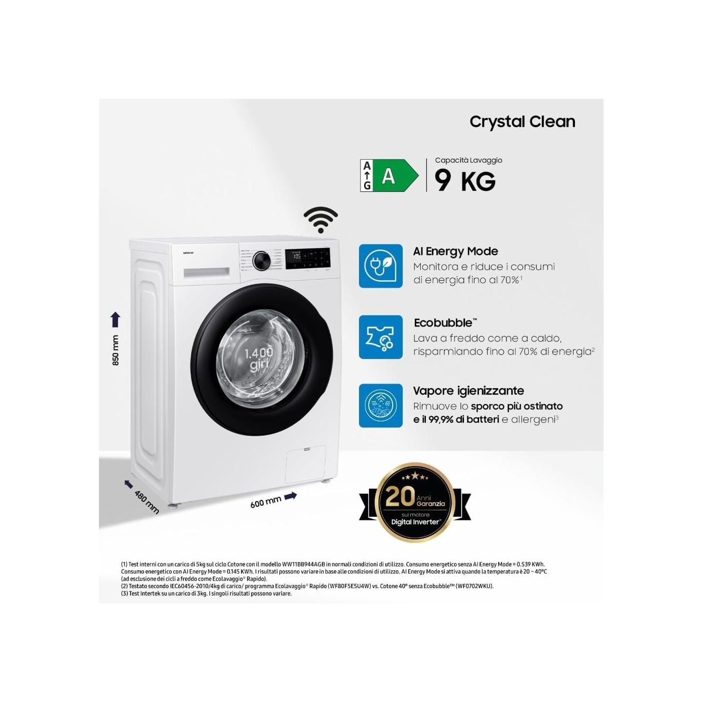 LAVATRICE SAMSUNG 9KG SLIM 48CM WW90DG5G34AEET CLASSE A BIANCO