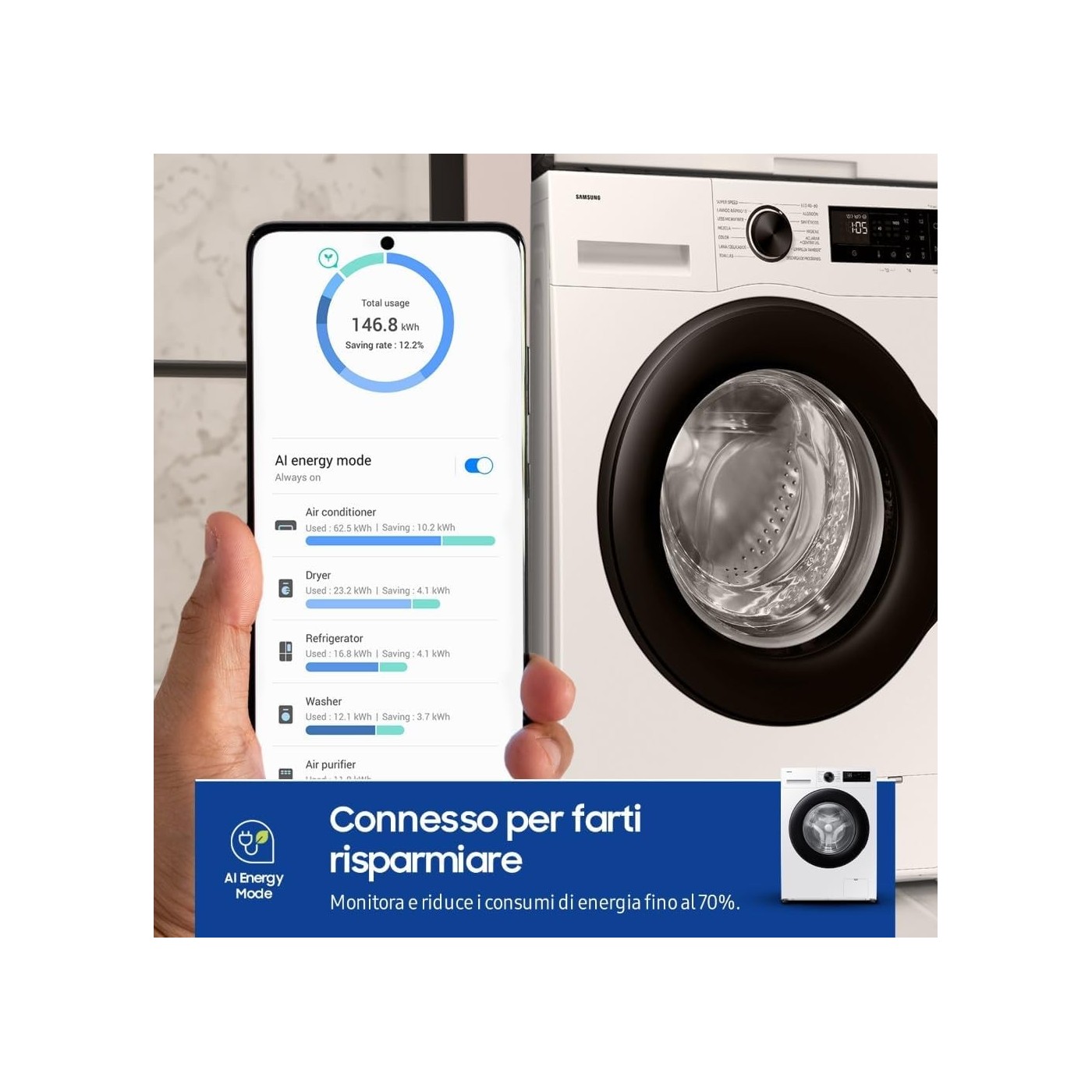 LAVATRICE SAMSUNG 9KG SLIM 48CM WW90DG5G34AEET CLASSE A BIANCO